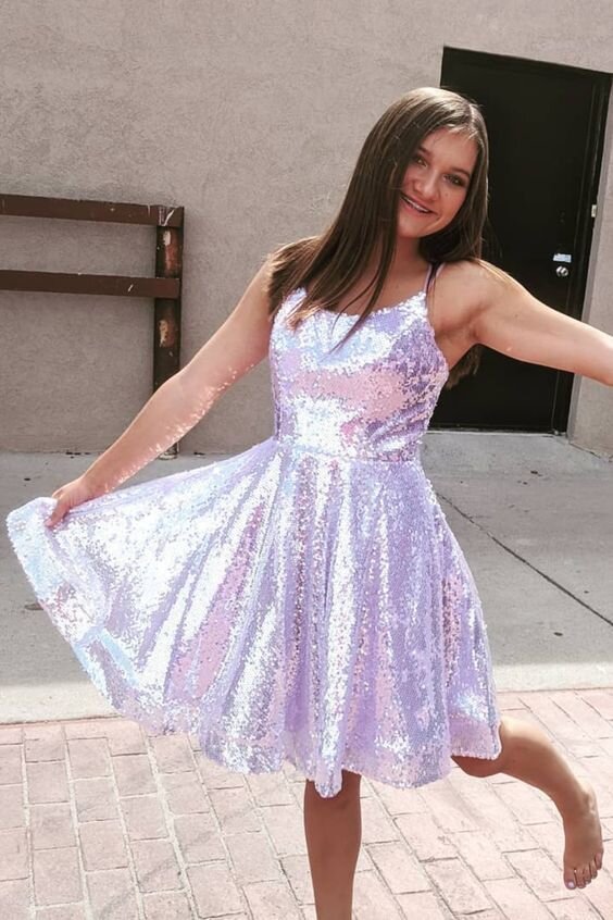 A-Line Sparkle Lavender Short Prom Homecoming Dress