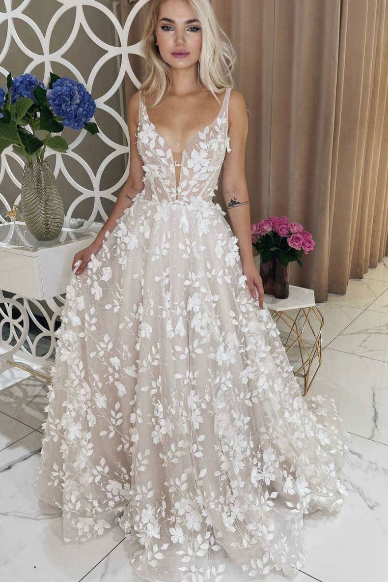 A-Line V-Neck Lace Applique Tulle Long Wedding Dress