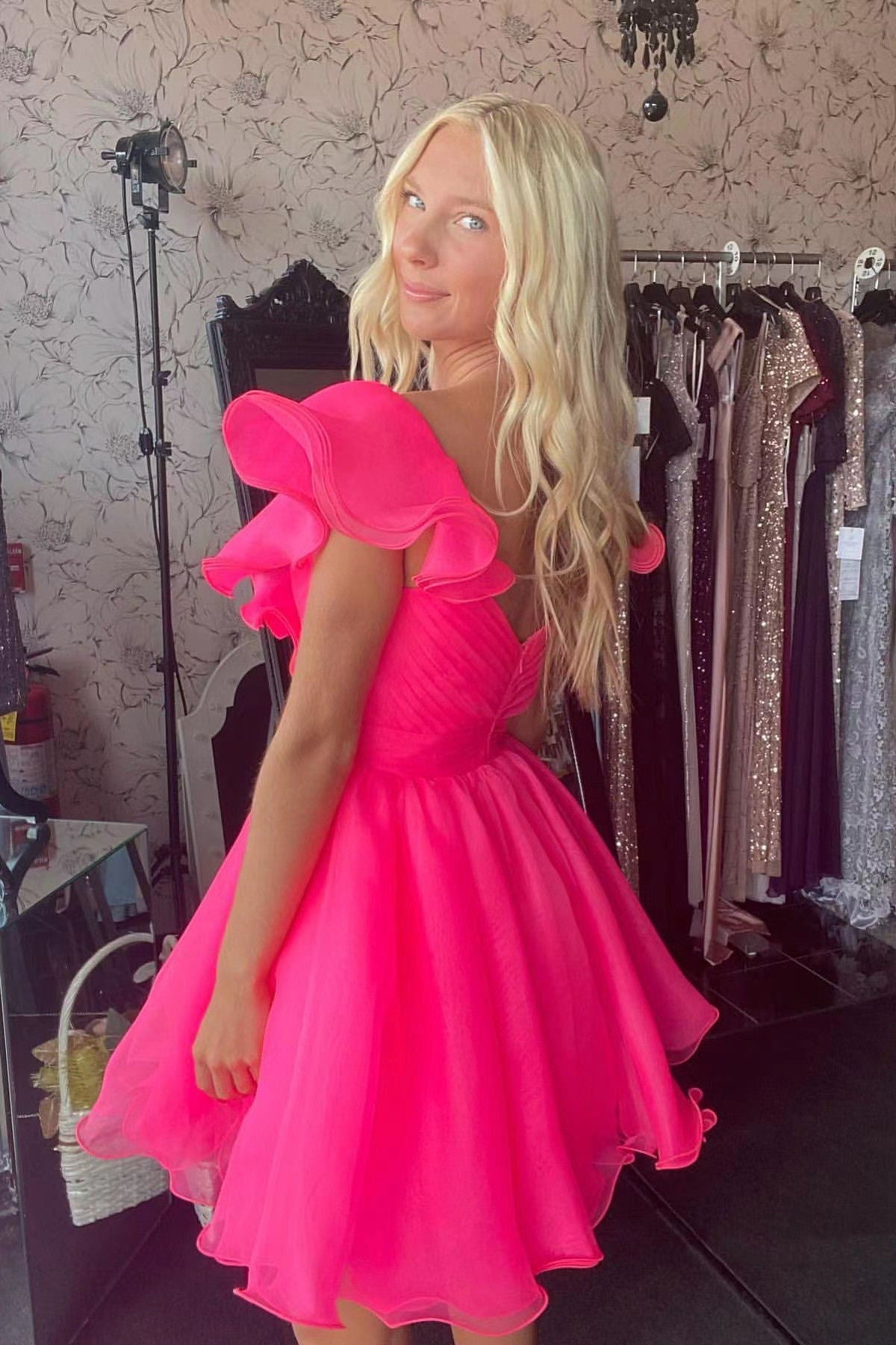 A-Line V-Neck Hot Pink Homecoming Dress Flouncing Short Prom Dress