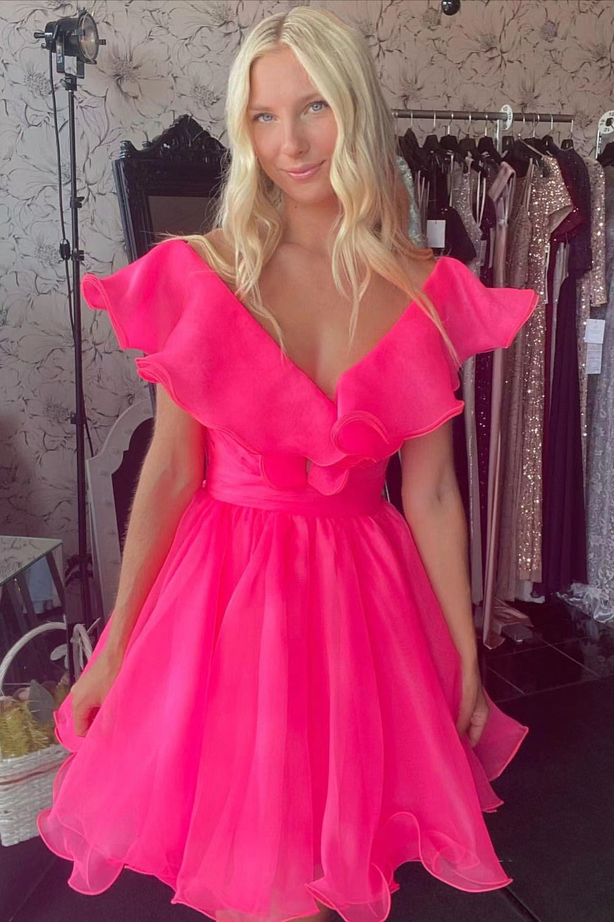 A-Line V-Neck Hot Pink Homecoming Dress Flouncing Short Prom Dress