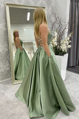 A-Line Backless Green Satin Long Prom Dress with Pockets