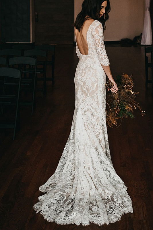 3/4 Sleeve Romantic Mermaid Wedding Dress, Lace Boho Bridal Gown