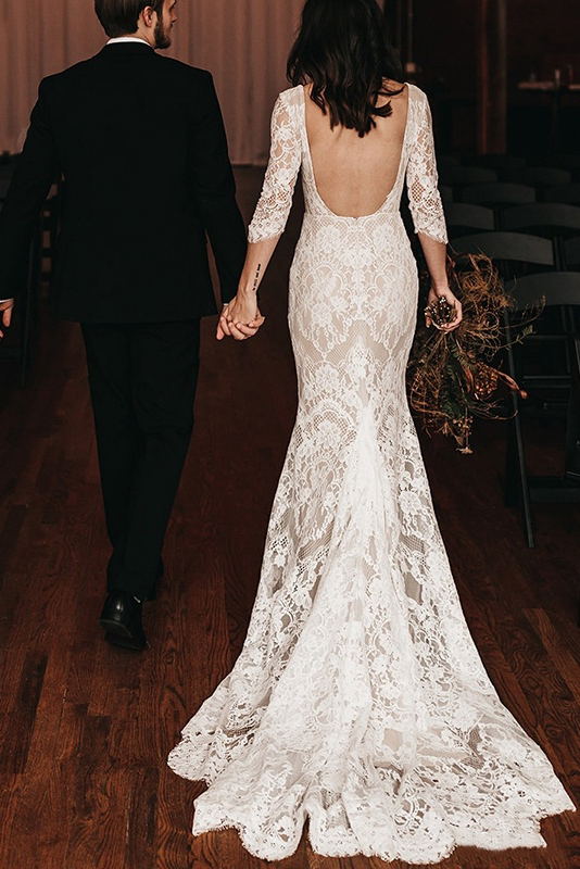 3/4 Sleeve Romantic Mermaid Wedding Dress, Lace Boho Bridal Gown