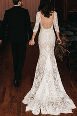 3/4 Sleeve Romantic Mermaid Wedding Dress, Lace Boho Bridal Gown