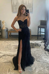 Strapless Black Lace Mermaid Prom Dresses, Evening Dresses with Split