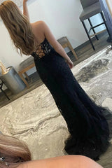 Strapless Black Lace Mermaid Prom Dresses, Evening Dresses with Split