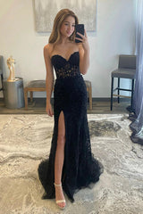 Strapless Black Lace Mermaid Prom Dresses, Evening Dresses with Split