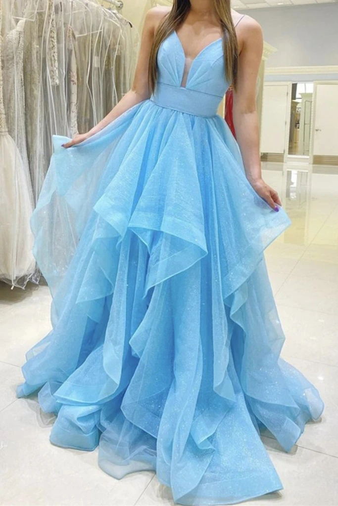 Baby Blue V-Neck A-Line Sleeveless Sweet 16 Prom Dress