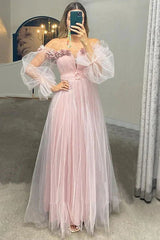 Blush Pink Off-Shoulder Puffy Sleeves Tulle Princess Long Prom Dress