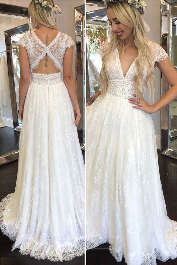 Beach V-Neck A-Line Wedding Dresses, Boho Lace Bridal Gown