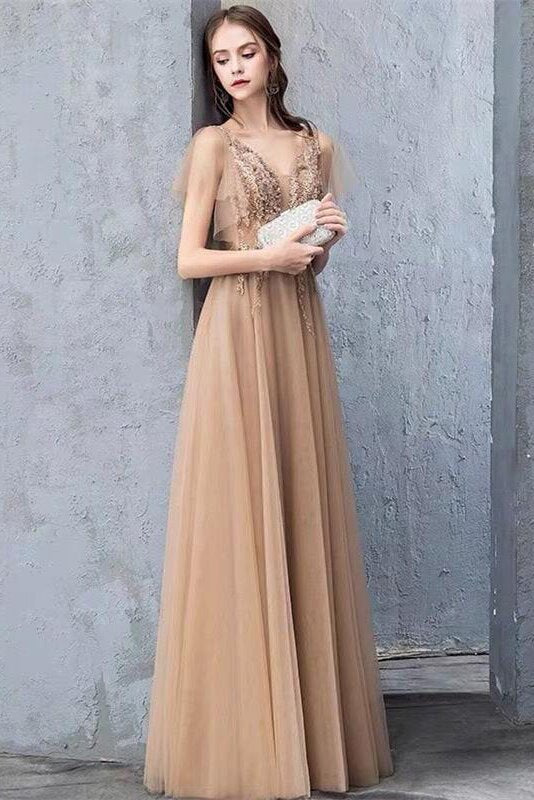 Charming A-Line Short Sleeves Tulle Prom Dresses, Long Evening Gown with Beading