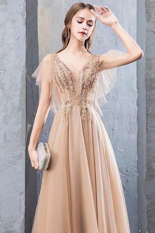 Charming A-Line Short Sleeves Tulle Prom Dresses, Long Evening Gown with Beading