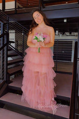 Charming Pink Tulle Layered Strapless Sleeveless Prom Dress