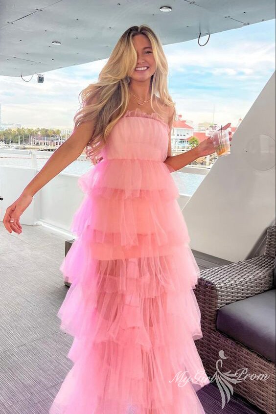 Charming Pink Tulle Layered Strapless Sleeveless Prom Dress