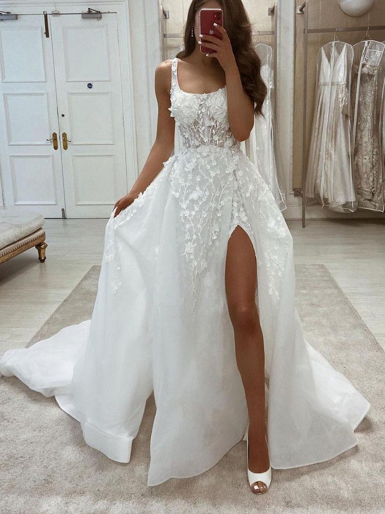 Charming Lace Applique Mermaid Wedding Dress with Detachable Train