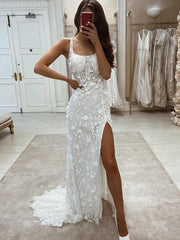 Charming Lace Applique Mermaid Wedding Dress with Detachable Train