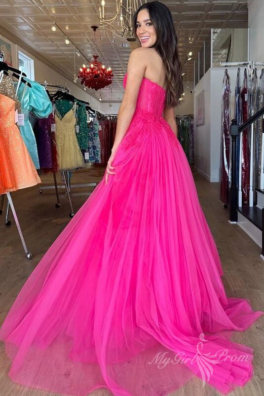 Chic Hot Pink Tulle Sweetheart Sleeveless Long Prom Dress