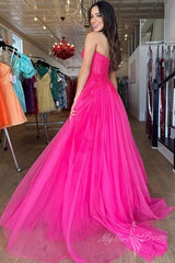 Chic Hot Pink Tulle Sweetheart Sleeveless Long Prom Dress