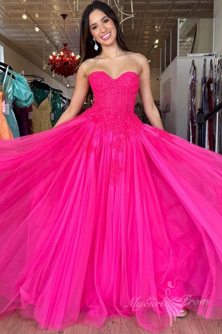 Chic Hot Pink Tulle Sweetheart Sleeveless Long Prom Dress