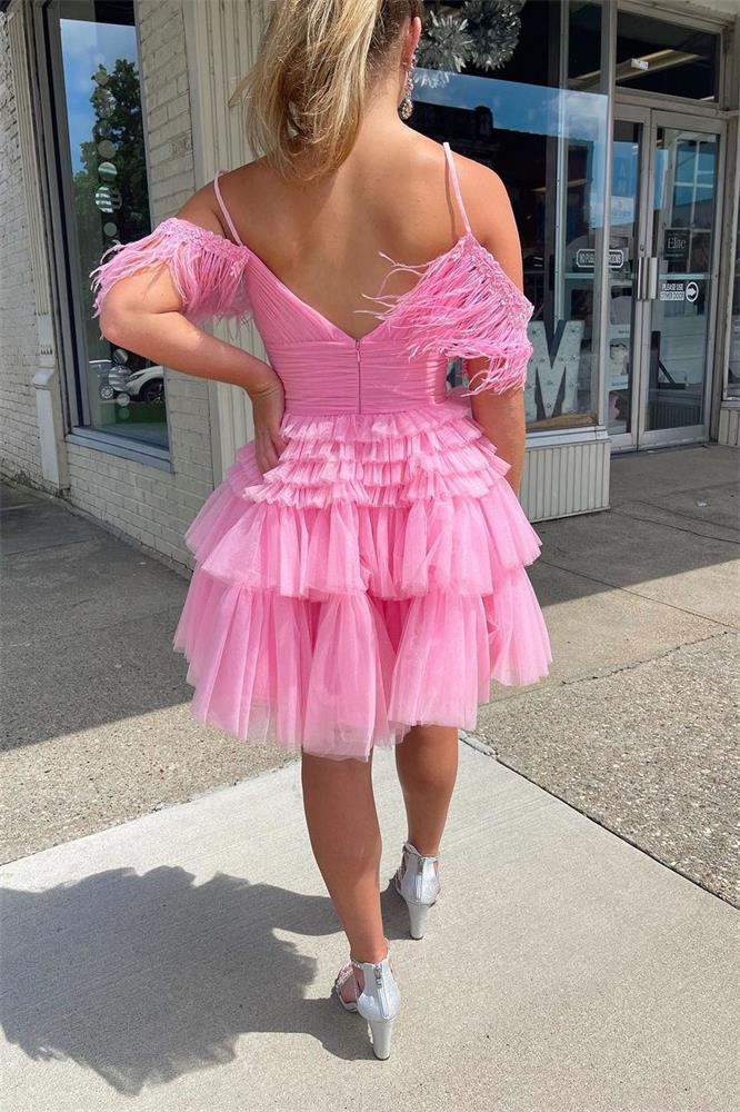 Cute A-Line Scoop Neck Pink Tulle Homecoming Dresses with Feather Sleeves