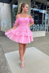 Cute A-Line Scoop Neck Pink Tulle Homecoming Dresses with Feather Sleeves