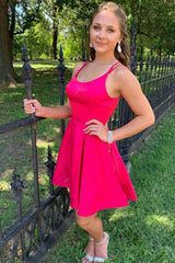 Simple Hot Pink Satin Short Homecoming Dresses, Backless Graduation Party Dress