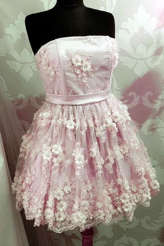 Cute Strapless Homecoming Dresses with 3D Flowers, A-Line Pink Short Sweet 16 Dress