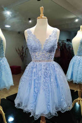 A-Line V-Neck Blue Sleeveless Beaded Short Prom Dresses, Lace Homecoming Dresses