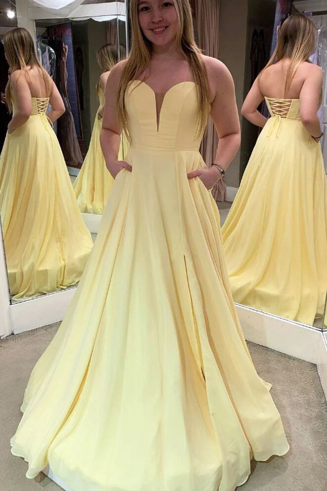 Daffodil Sweetheart Chiffon Sleeveless Long Prom Dress with Pockets