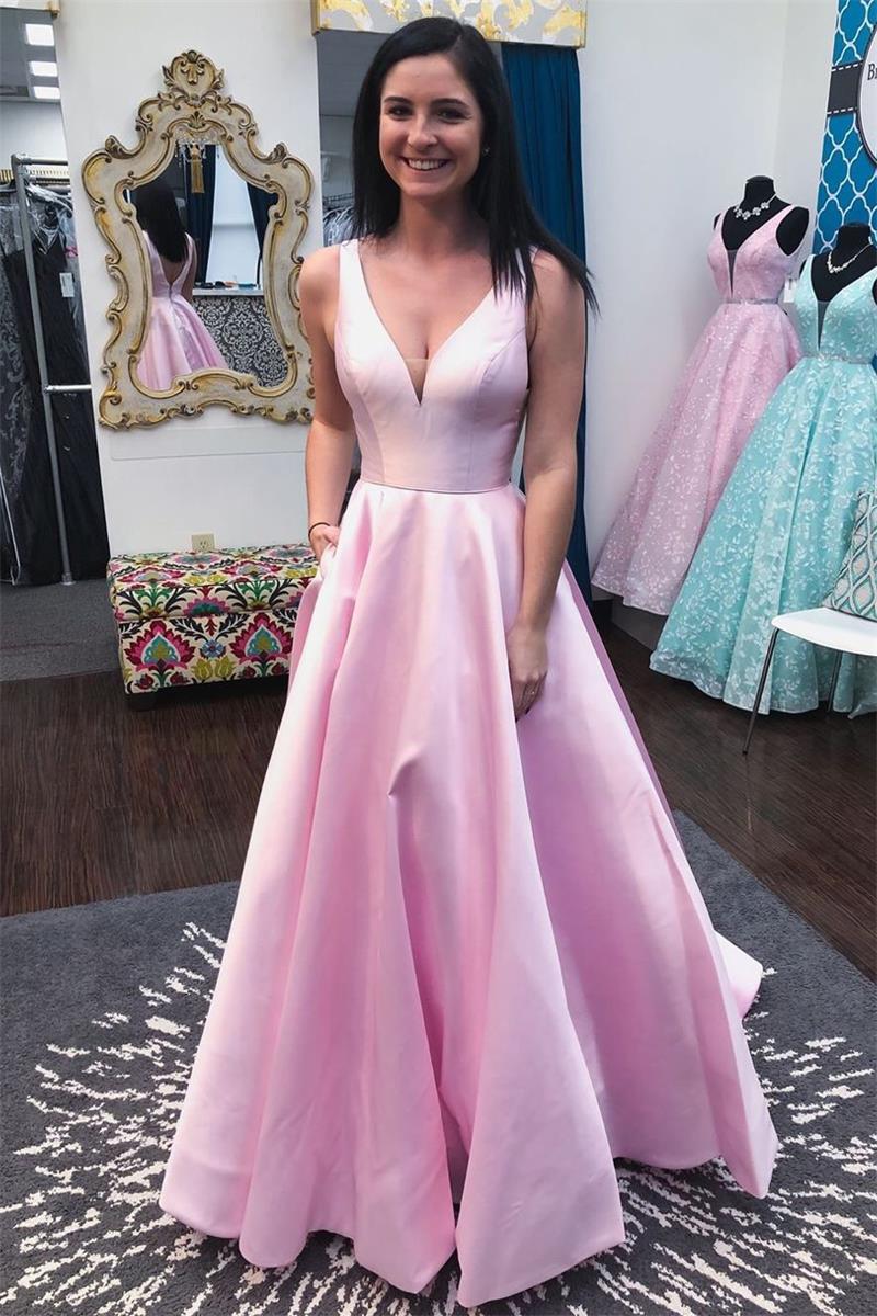 A-Line V-Neck Sleeveless Simple Satin Pink Prom Dress with Pockets