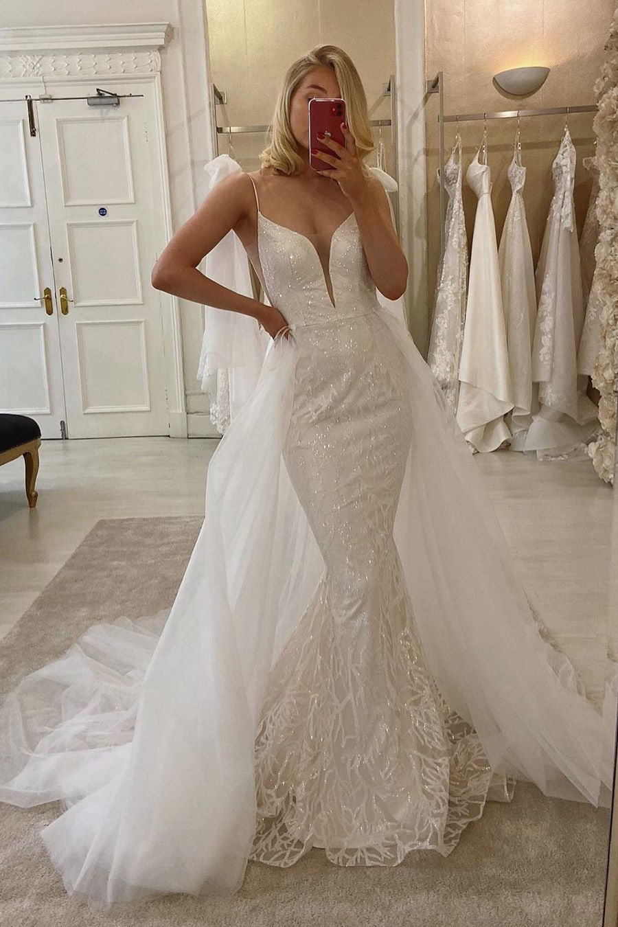 Detachable Tulle Train V-Neck Long Mermaid Wedding Dress