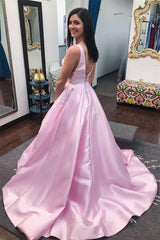 A-Line V-Neck Sleeveless Simple Satin Pink Prom Dress with Pockets