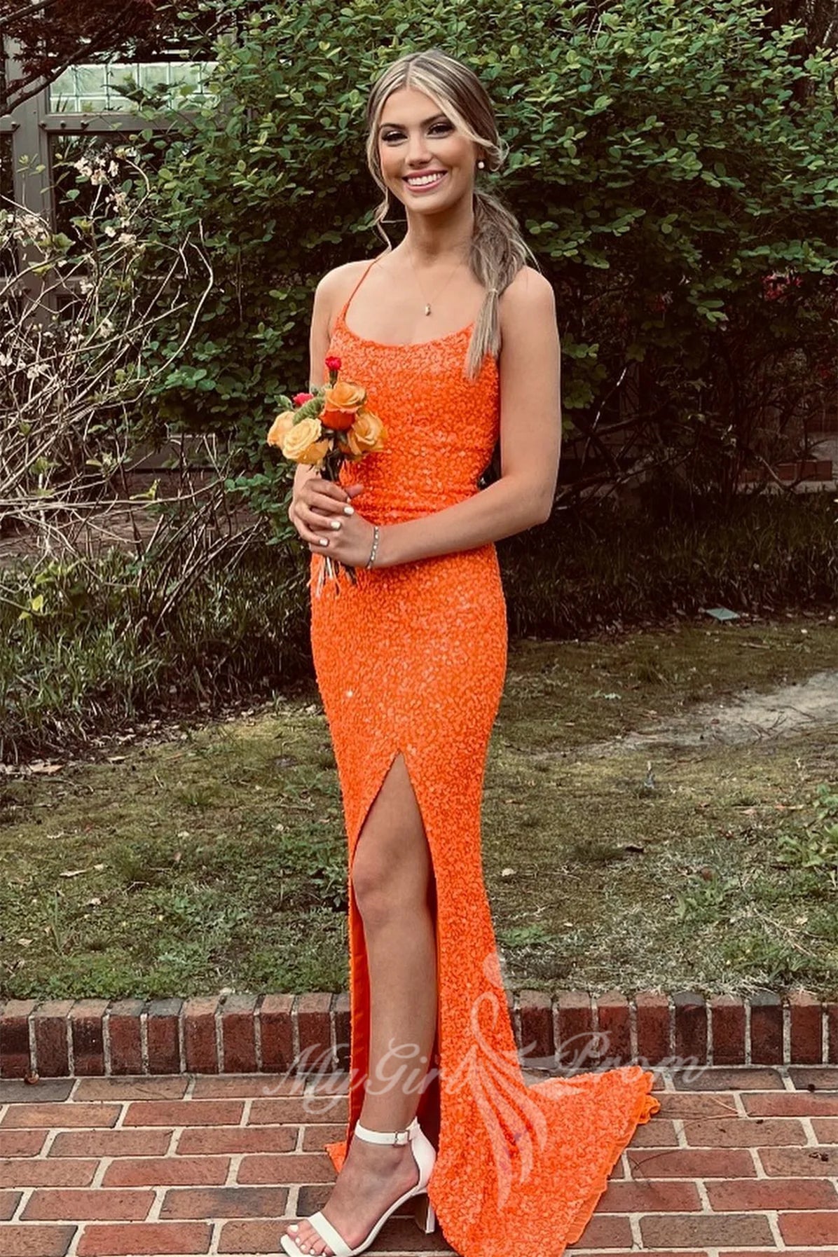 Sparkly Orange Prom Dresses Sleeveless Sequined Slit Evening Gown