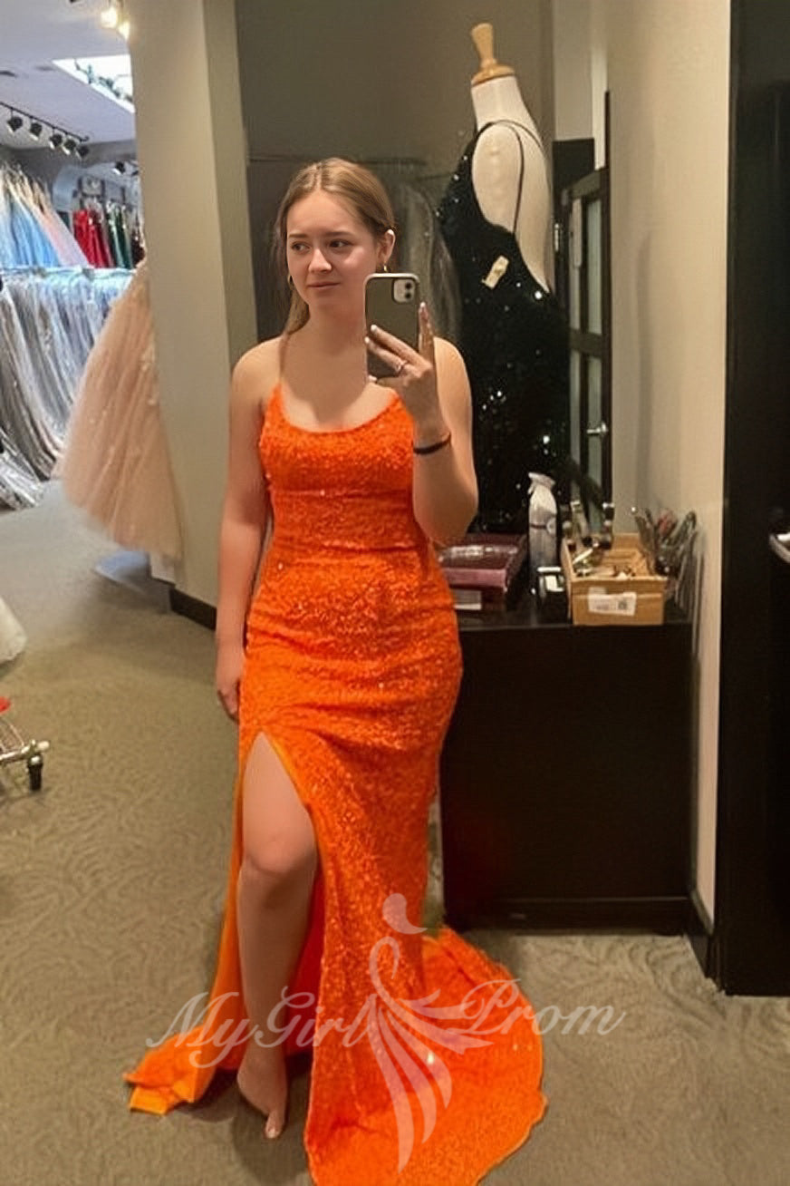 Sparkly Orange Prom Dresses Sleeveless Sequined Slit Evening Gown