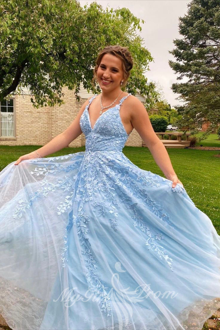 A-Line V-Neck Sleeveless Light Sky Blue Prom Dresses with Applique