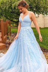 A-Line V-Neck Sleeveless Light Sky Blue Prom Dresses with Applique