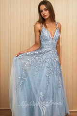 A-Line V-Neck Sleeveless Light Sky Blue Prom Dresses with Applique