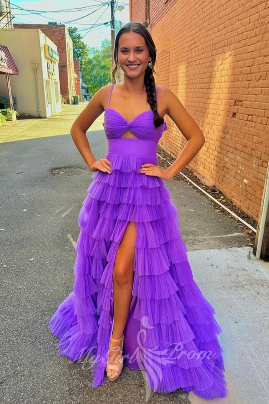 Straps Keyhole Purple Tulle Layered Prom Dresses, Princess Long Formal Gown