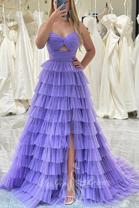 Straps Keyhole Purple Tulle Layered Prom Dresses, Princess Long Formal Gown