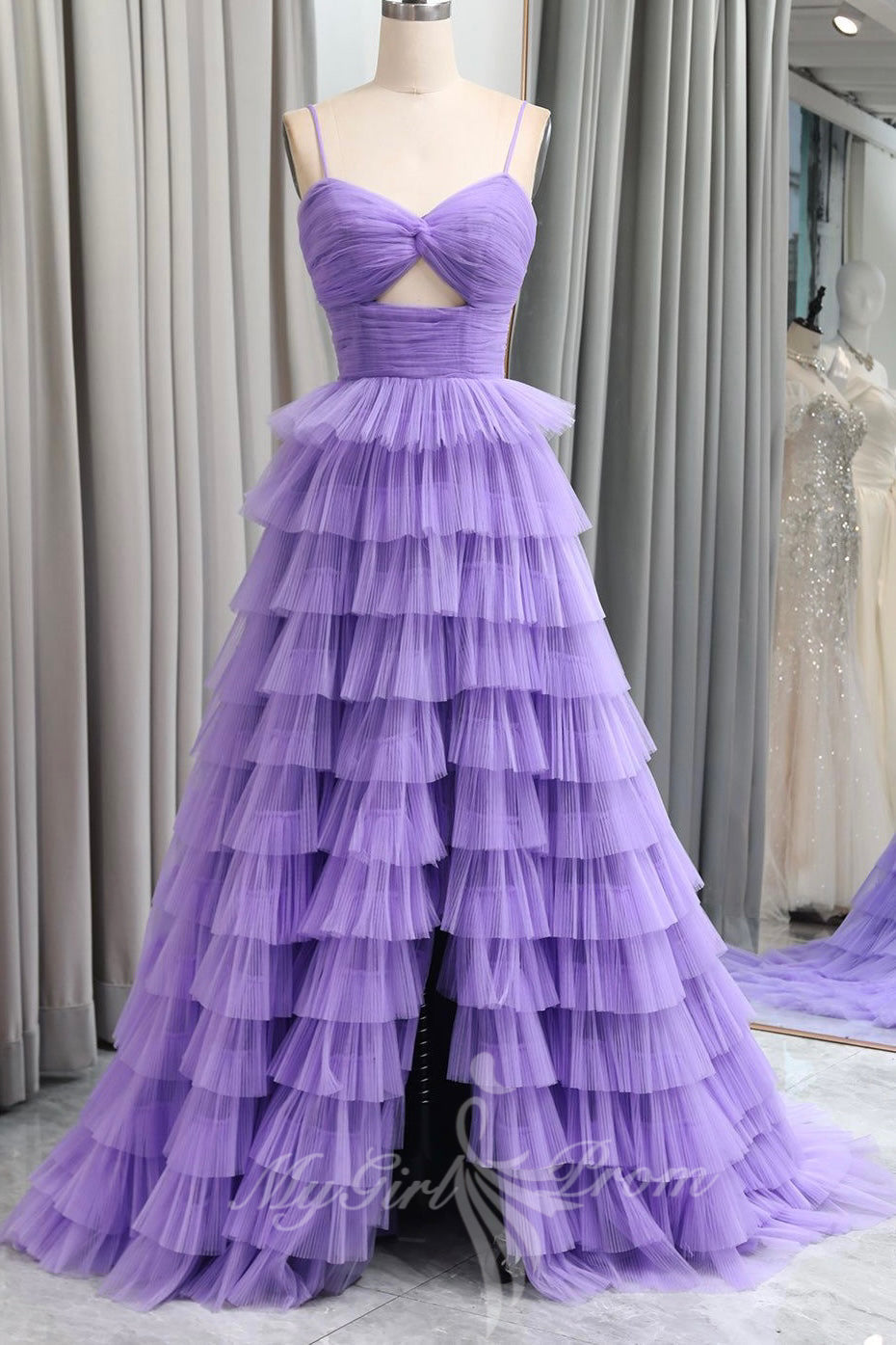 Straps Keyhole Purple Tulle Layered Prom Dresses, Princess Long Formal Gown