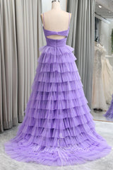 Straps Keyhole Purple Tulle Layered Prom Dresses, Princess Long Formal Gown