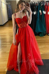 Sparkly Red Straps Beaded A-Line Prom Dresses, Glitter Formal Dress with Slit