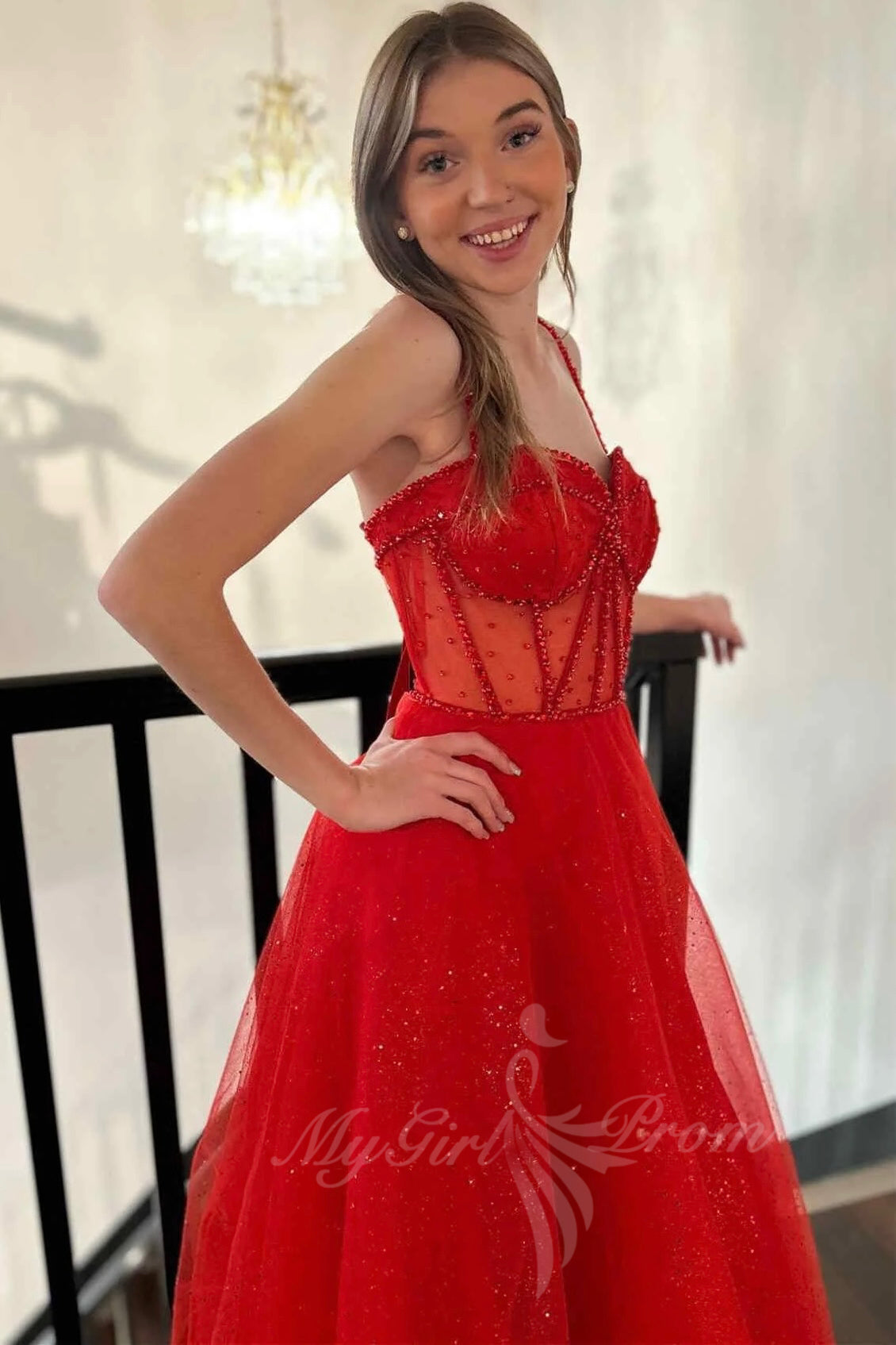 Sparkly Red Straps Beaded A-Line Prom Dresses, Glitter Formal Dress with Slit