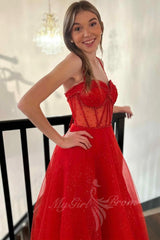 Sparkly Red Straps Beaded A-Line Prom Dresses, Glitter Formal Dress with Slit