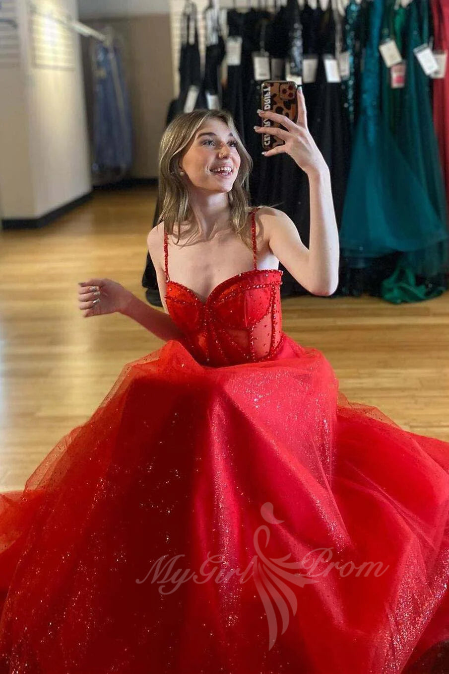 Sparkly Red Straps Beaded A-Line Prom Dresses, Glitter Formal Dress with Slit