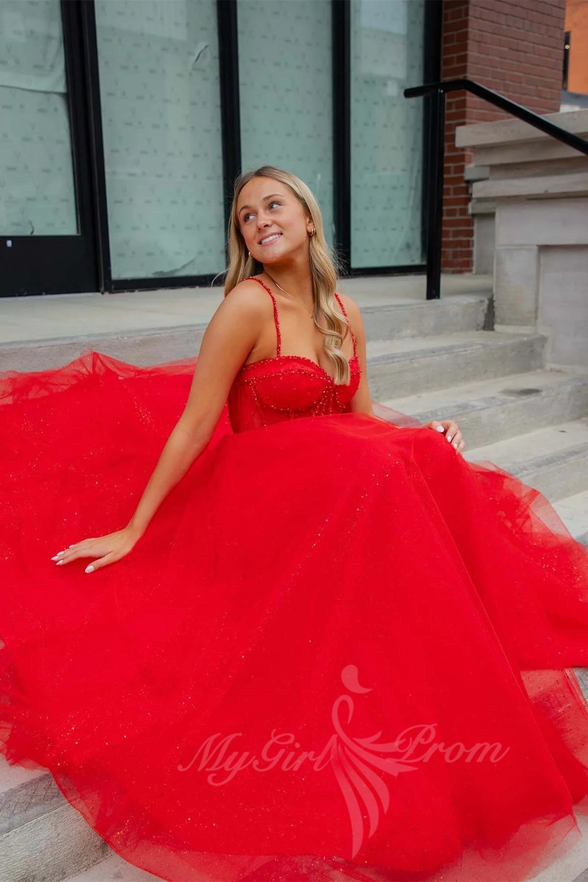 Sparkly Red Straps Beaded A-Line Prom Dresses, Glitter Formal Dress with Slit