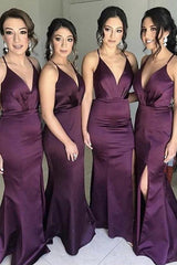 Purple Elastic Satin V-Neck Mermaid Prom Dress, Long Bridesmaid Dresses