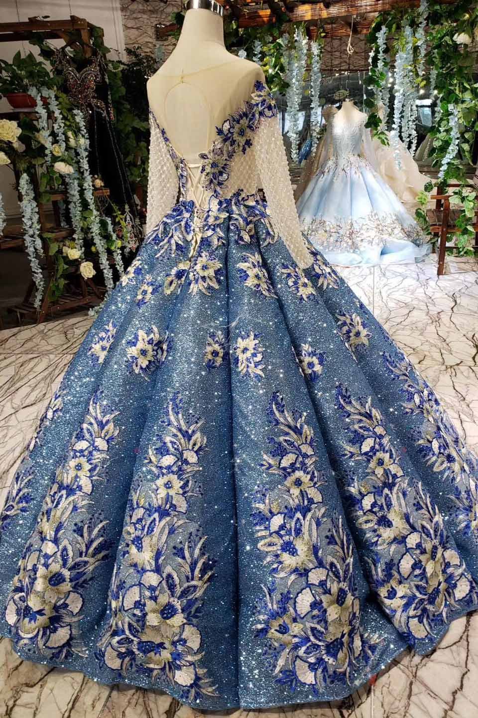 Blue Ball Gown Quinceanera Gown with Long Sleeves and Appliques