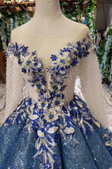 Blue Ball Gown Quinceanera Gown with Long Sleeves and Appliques