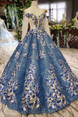 Blue Ball Gown Quinceanera Gown with Long Sleeves and Appliques